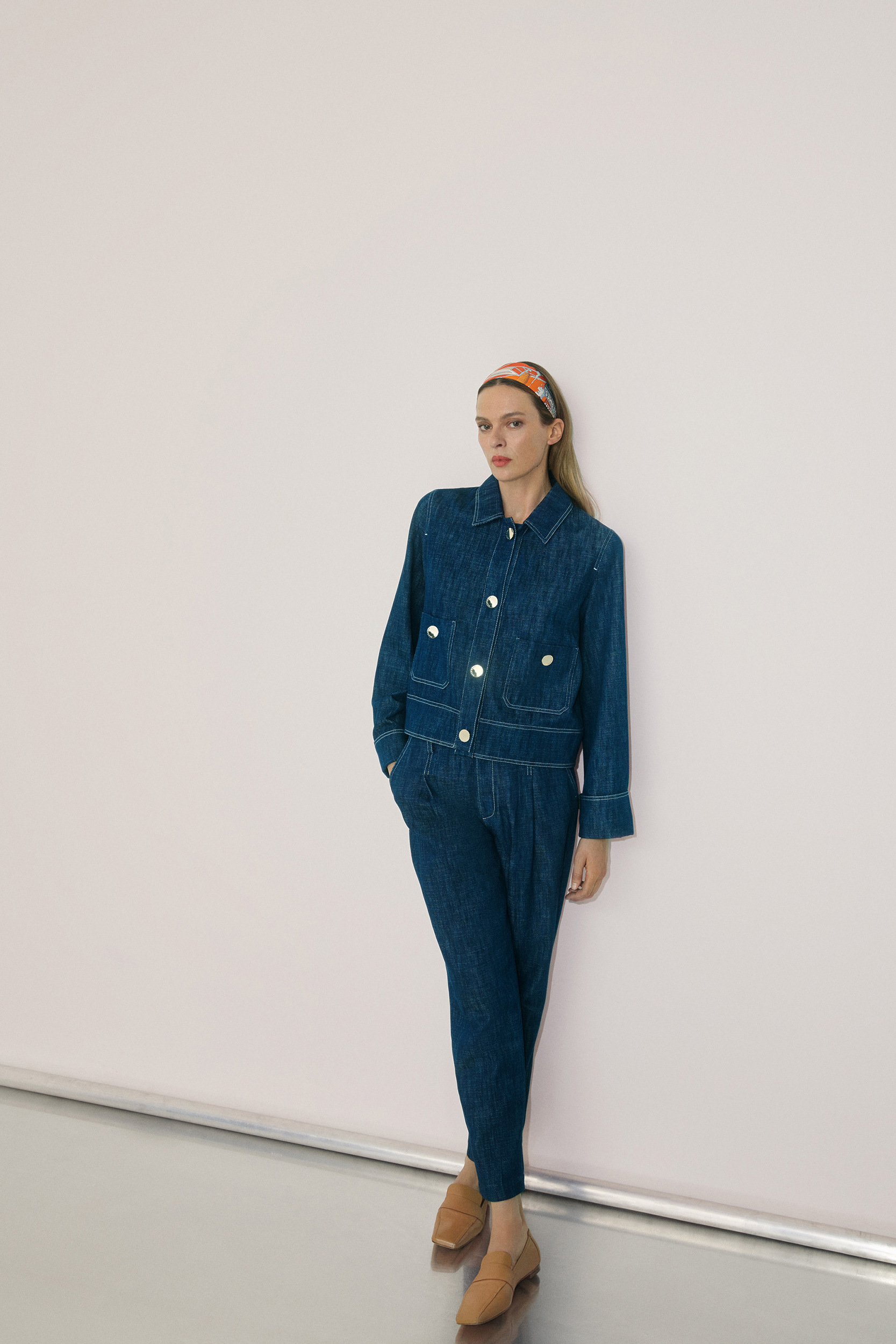 Trousers in supple denim fabric