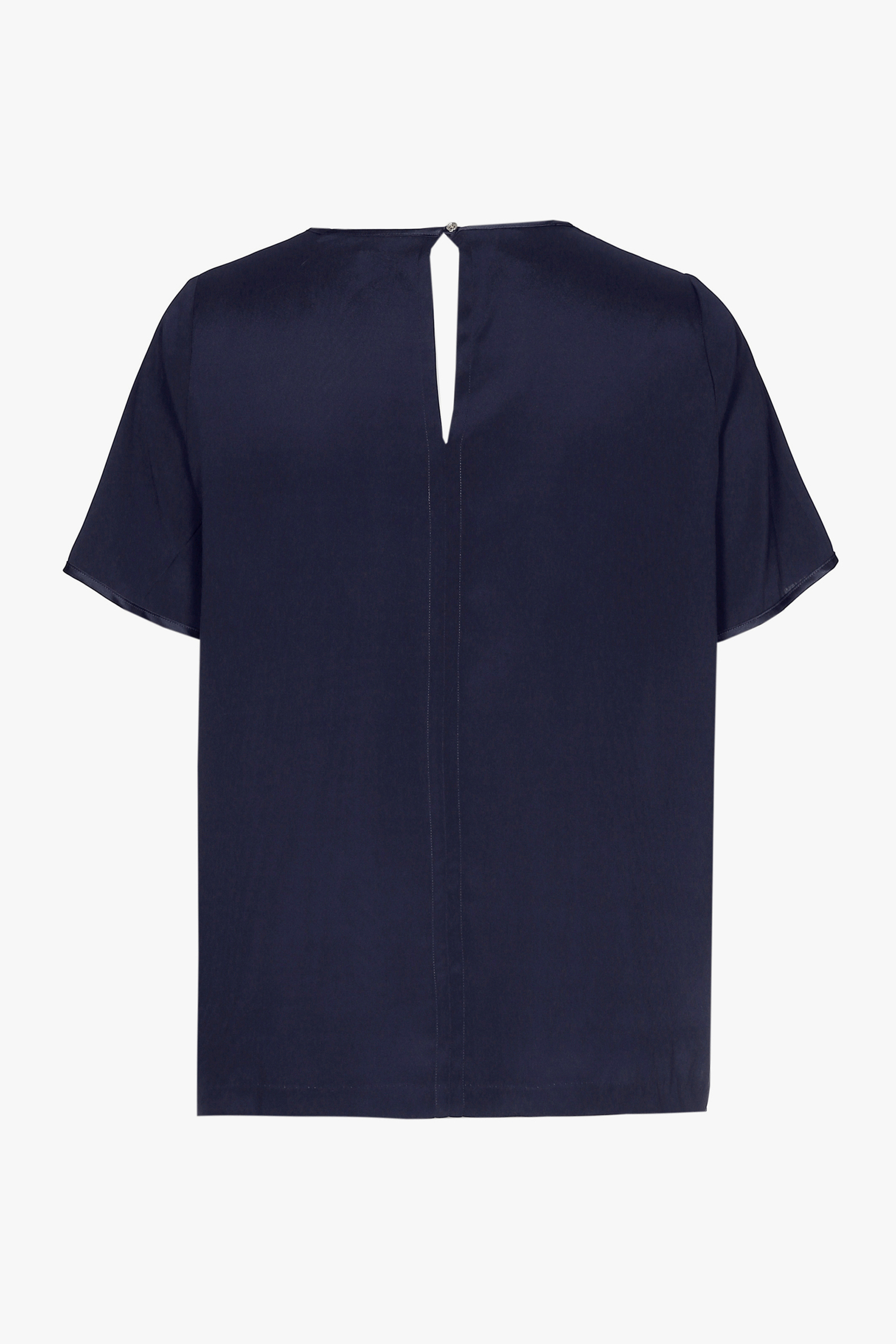 Navy-blue silk T-shirt with a V-neck and short sleeves