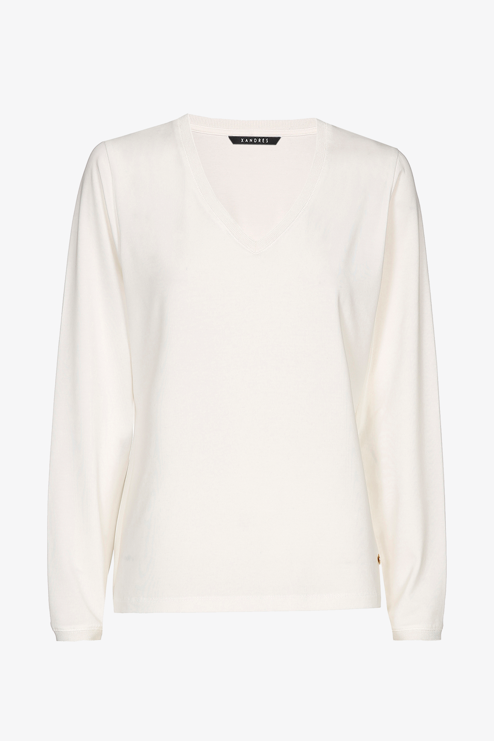 Ecru T-shirt met V-hals en lange mouwen