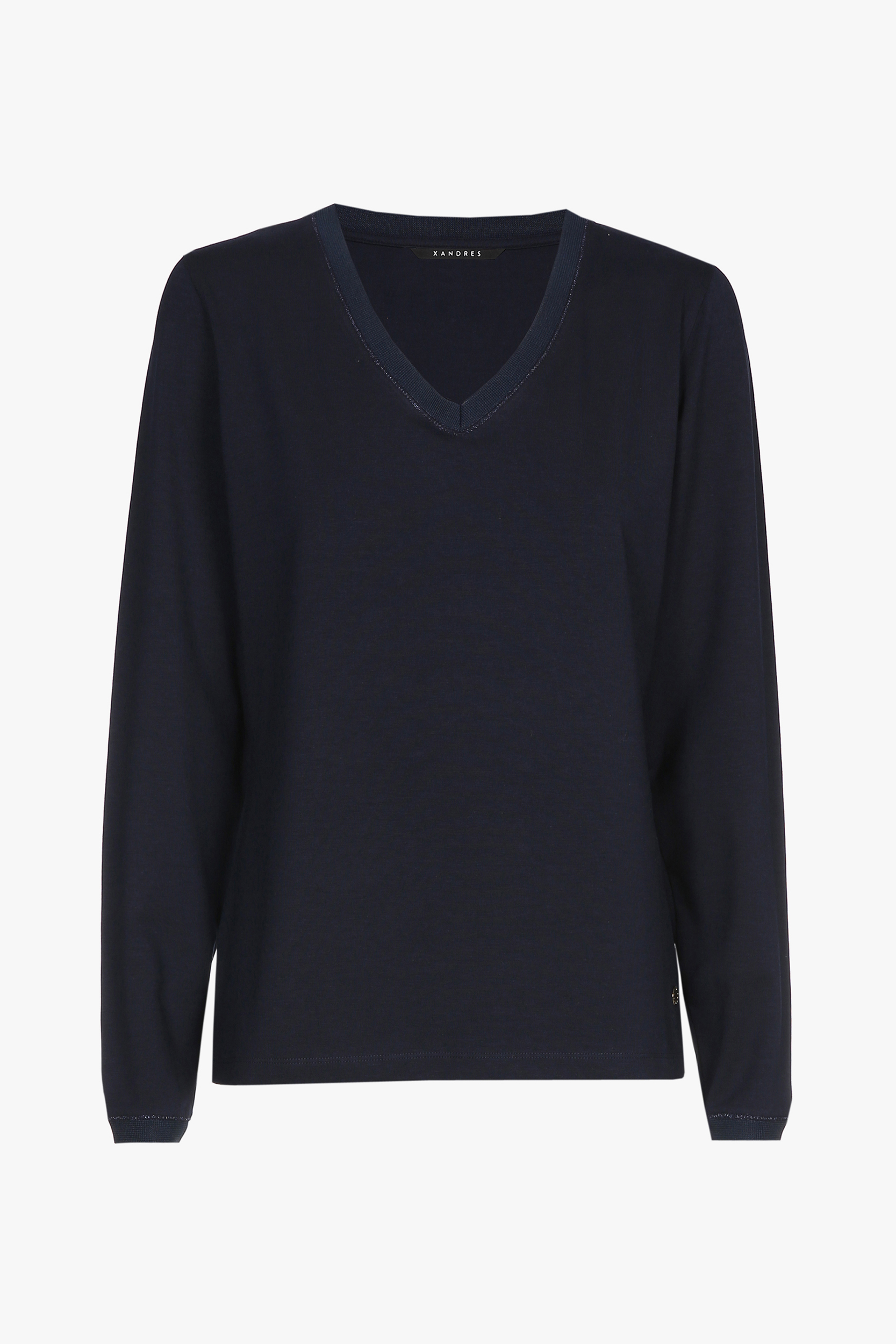 Navy-blue, long-sleeved T-shirt with a V-neck