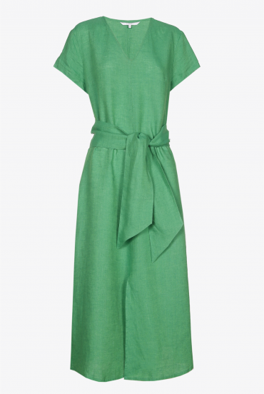 Emerald green linen dress with short sleeves