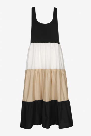 Lange mouwloze jurk in zwart, beige en wit