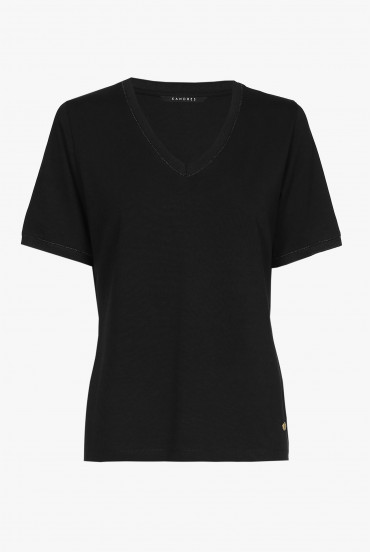 Black, short-sleeved T-shirt with a V-neck