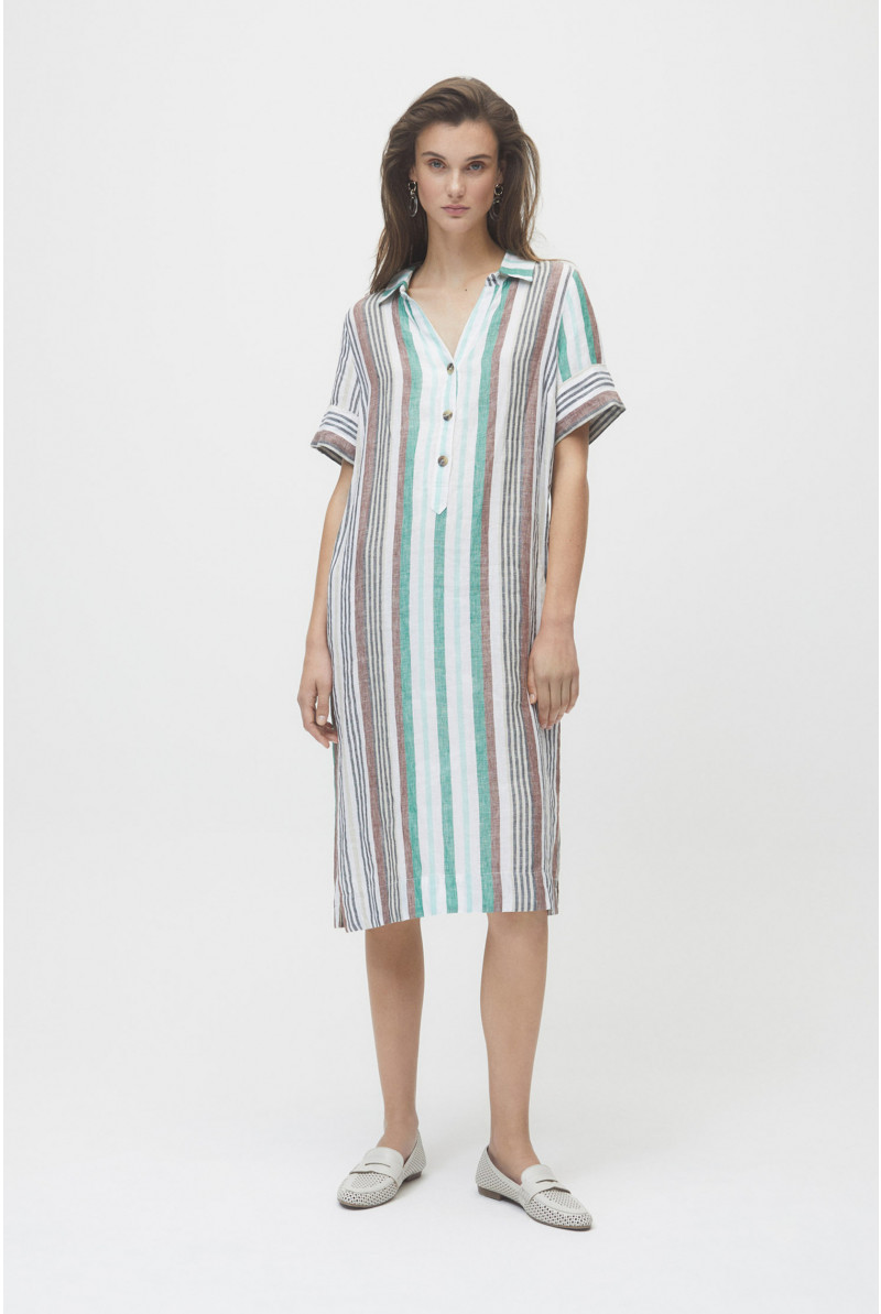 Long linen dress with green stripes