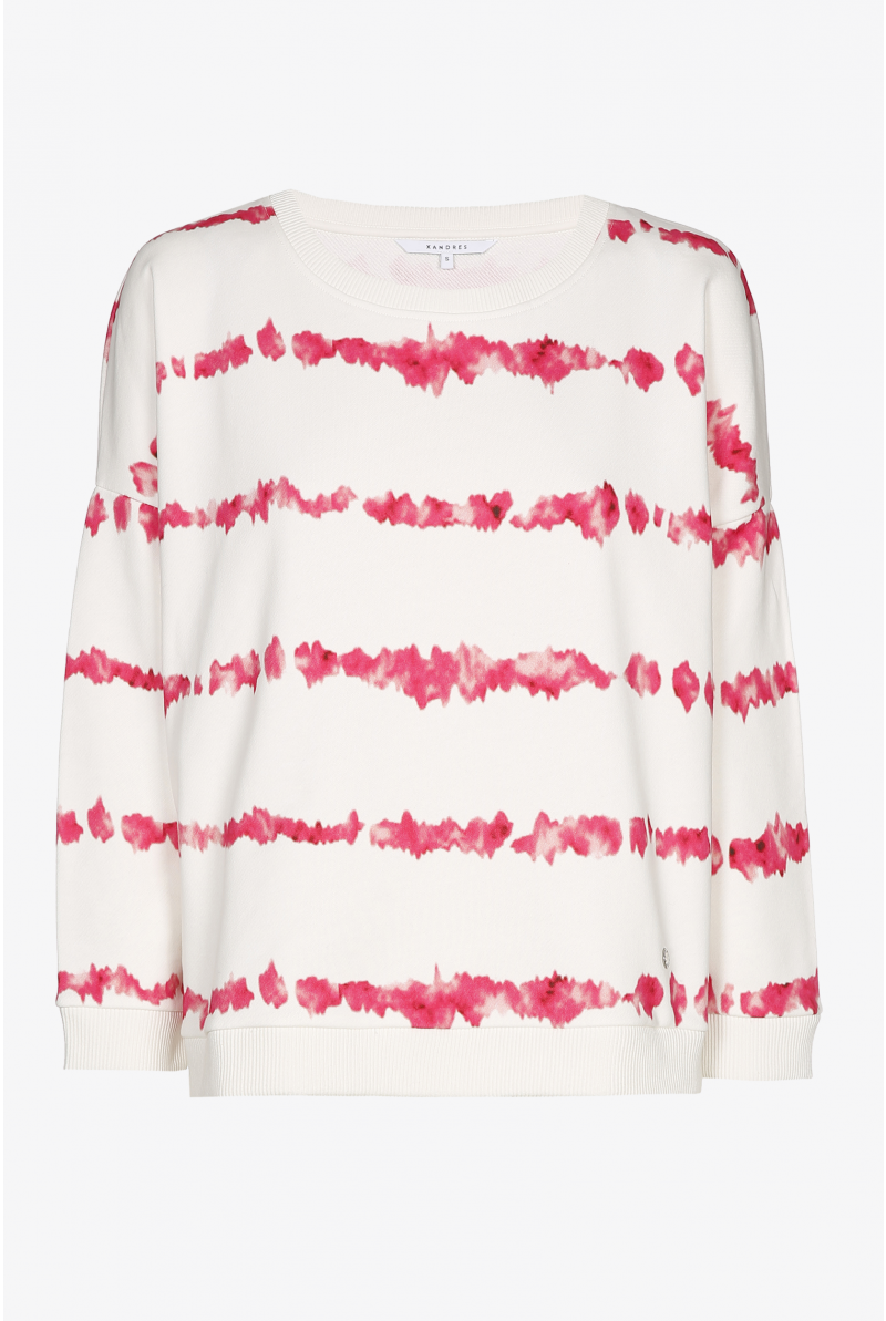 White sweater with pink batik print