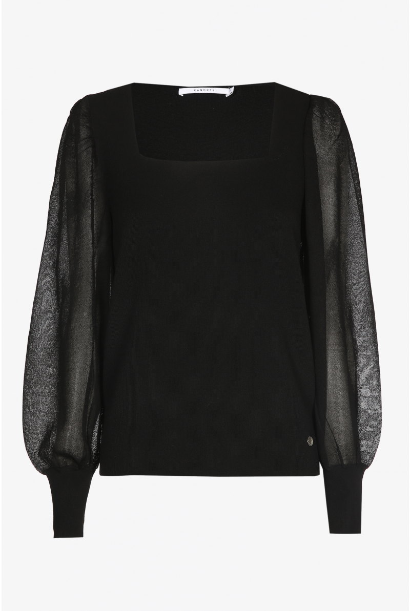 Black pullover with square neck and puff sleeves