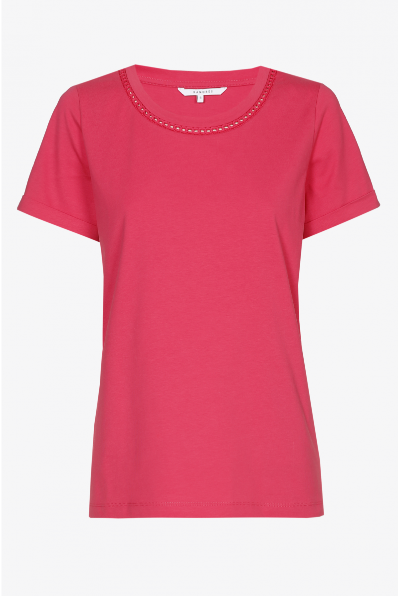 T-shirt rose rouge doté d'une encolure ronde et de clous