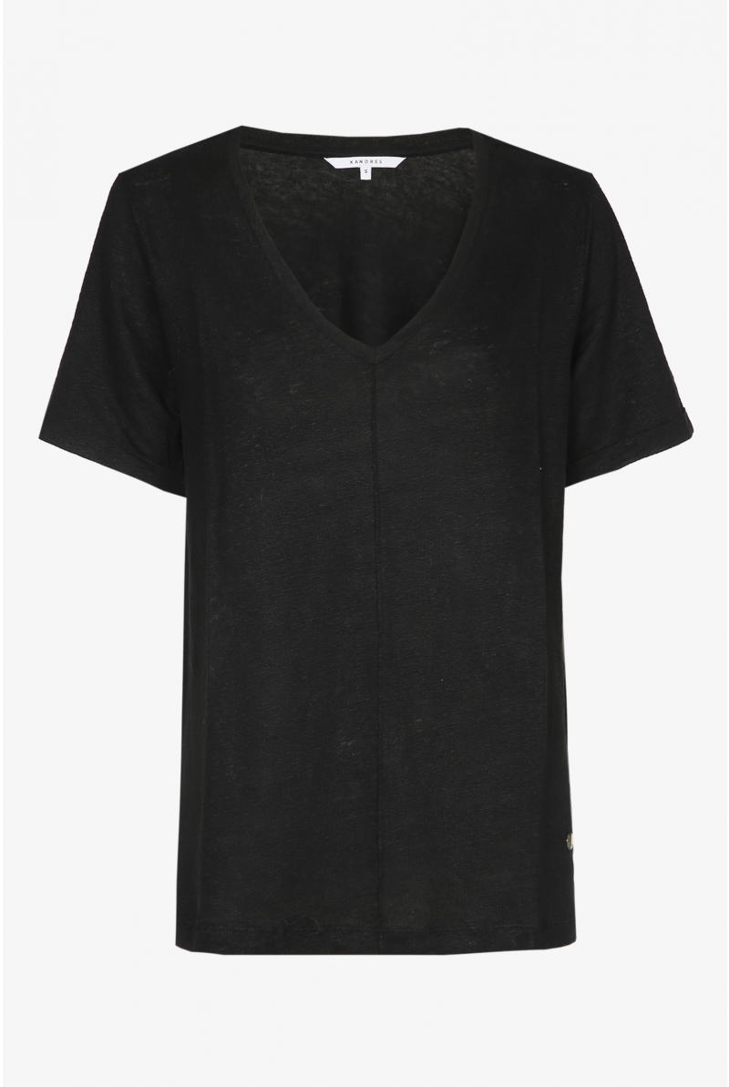 Black linen T-shirt with V-neck