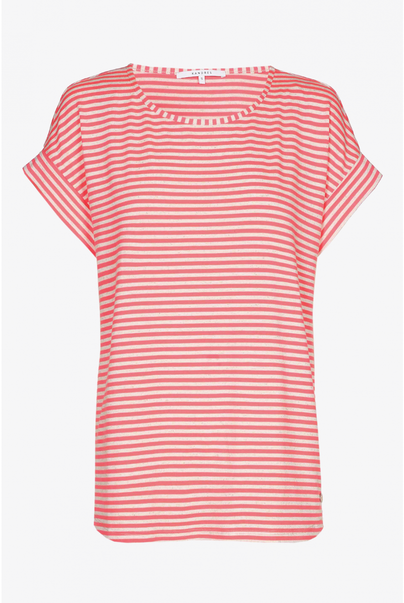 T-shirt with pink stripes and boat neck