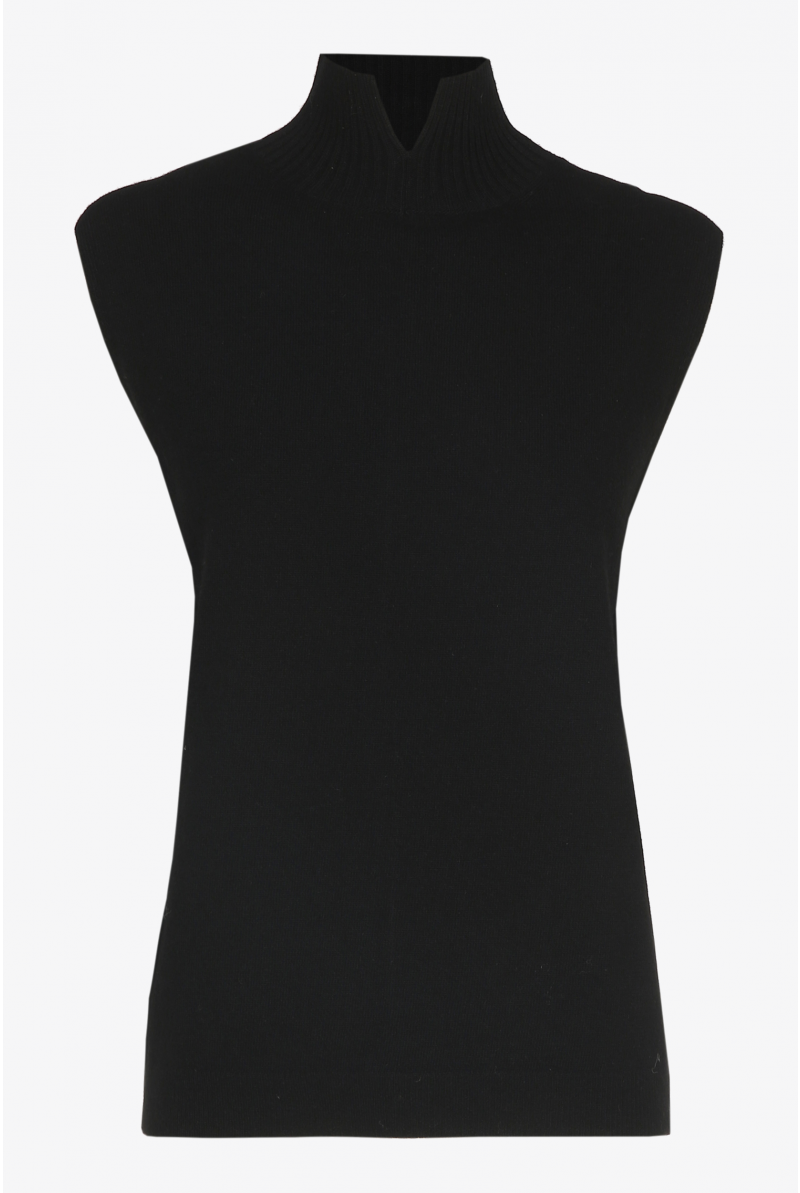 Sleeveless sweater with stand-up collar