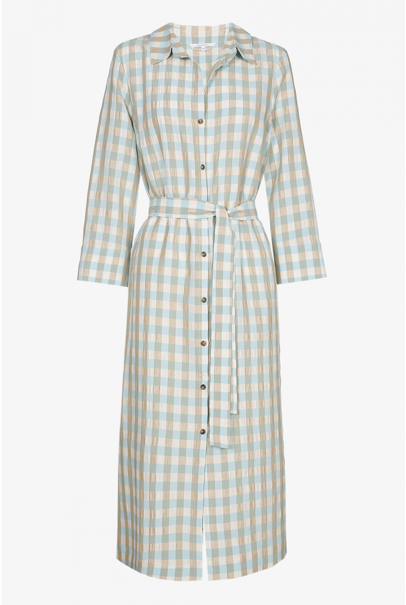 Green and beige checked shirt dress