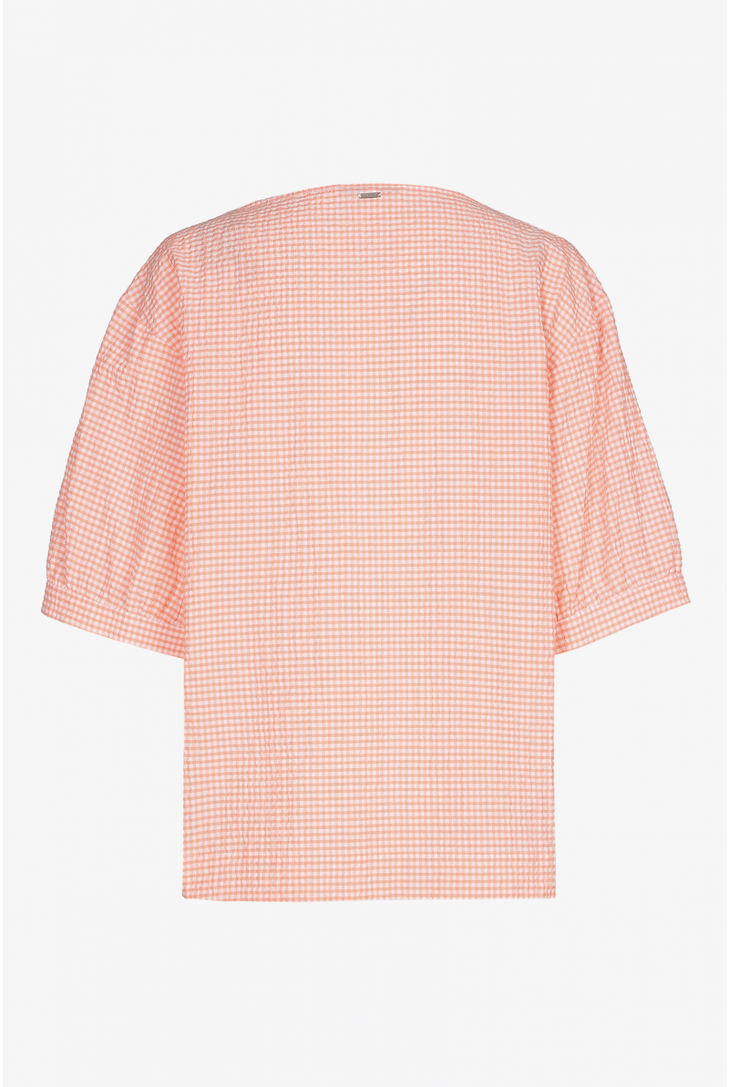 Coral-coloured blouse with Vichy checks and round neck