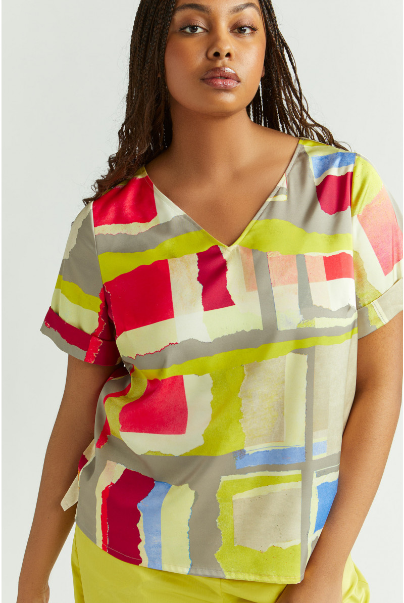 Veelkleurige blouse met V-hals