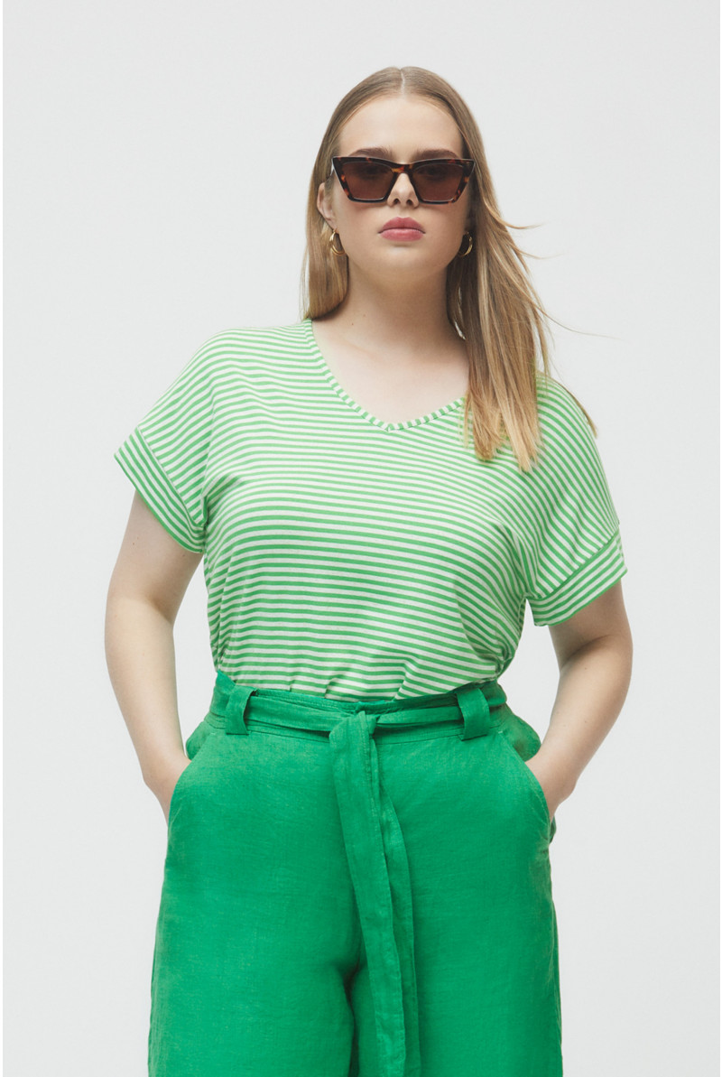 T-shirt with green stripes and V-neck