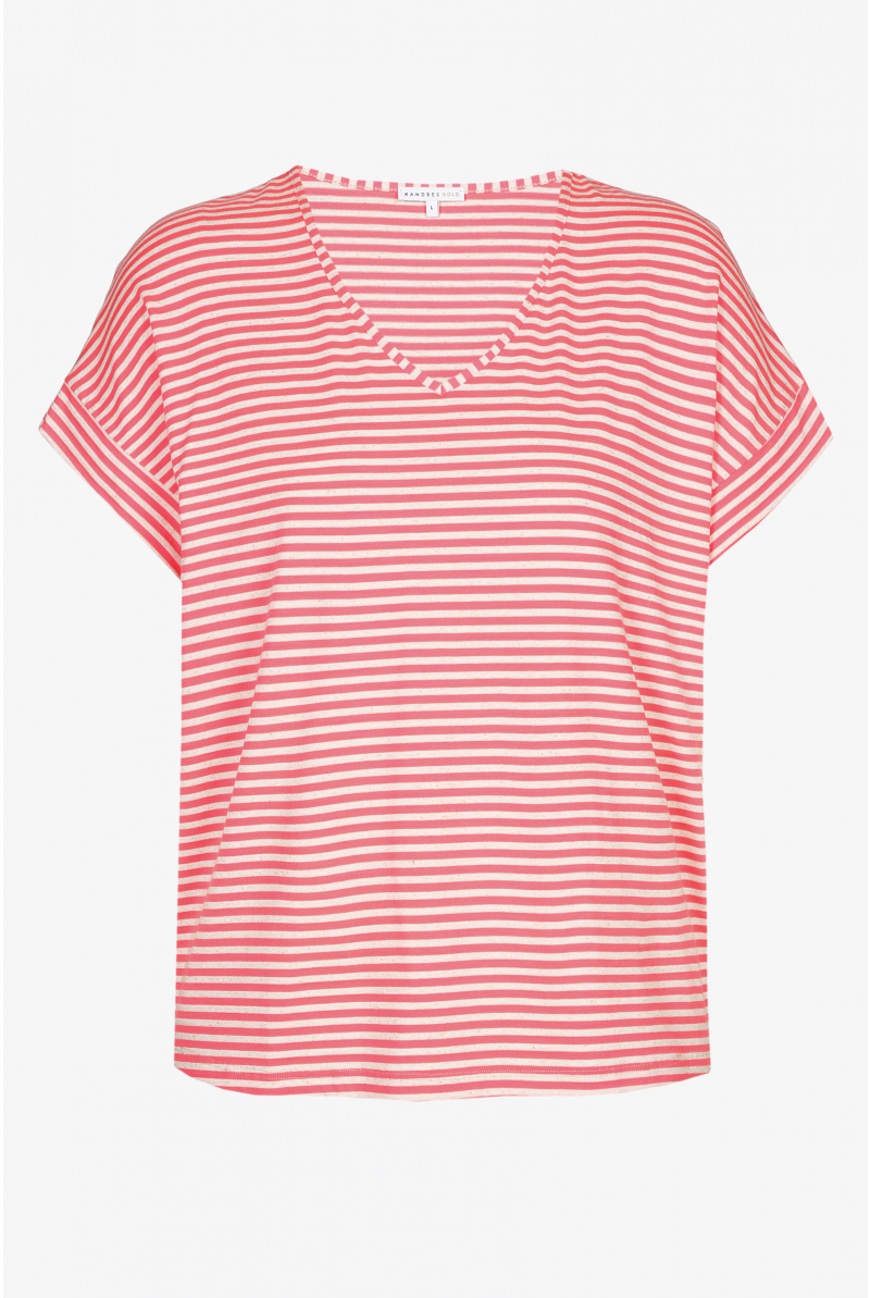 Red and white striped T-shirt with V-neck