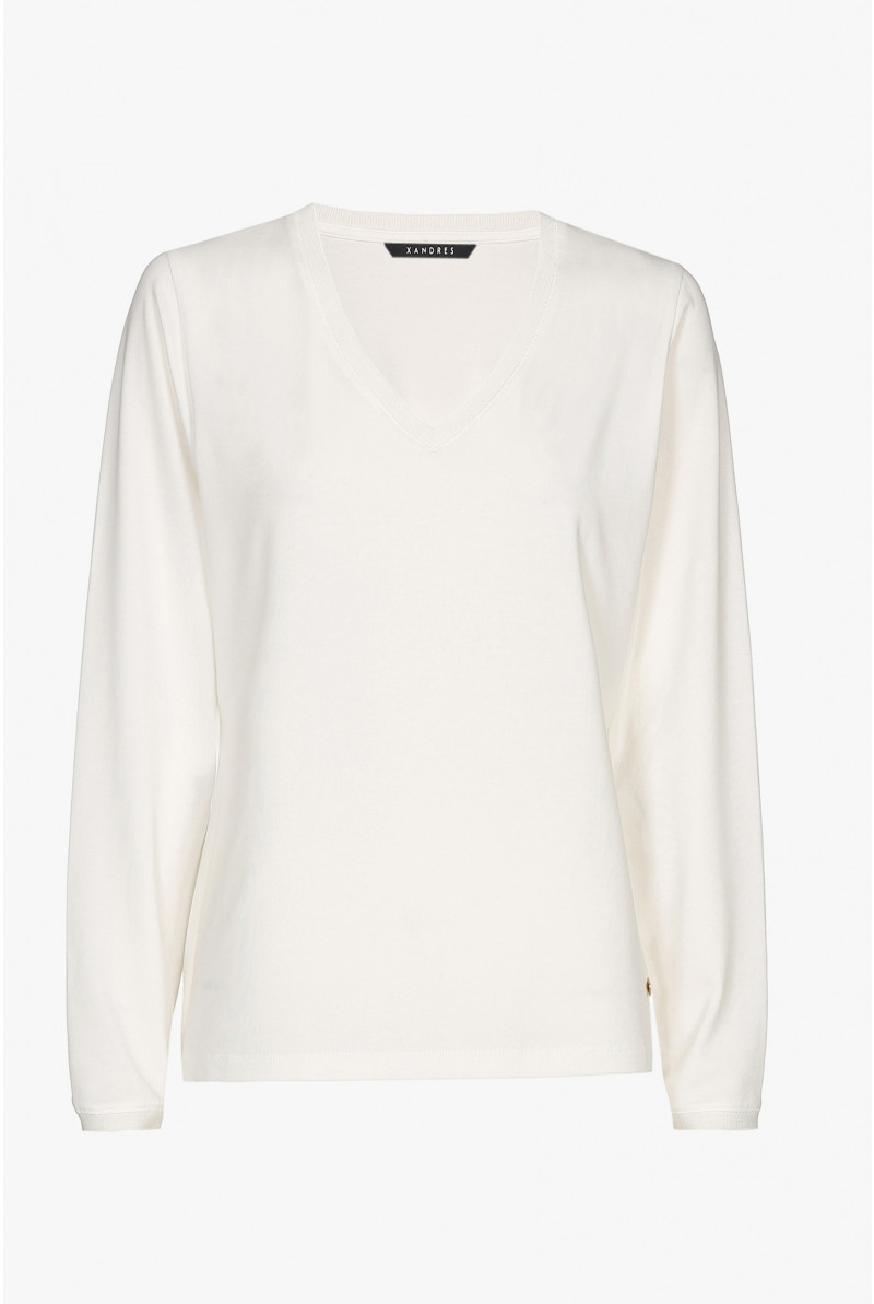 Ecru, long-sleeved T-shirt with a V-neck
