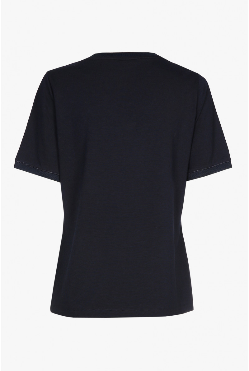 Navy-blue, short-sleeved T-shirt with a V-neck