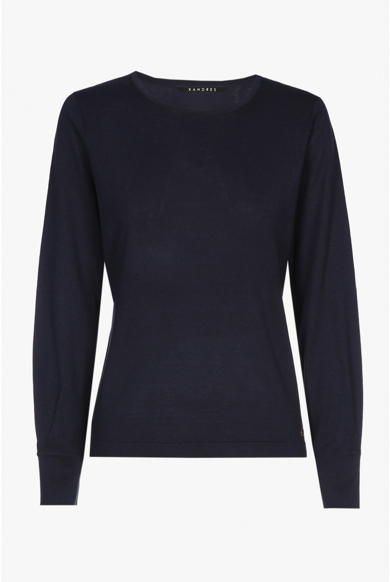 Navy-blue, long-sleeved jumper in silk