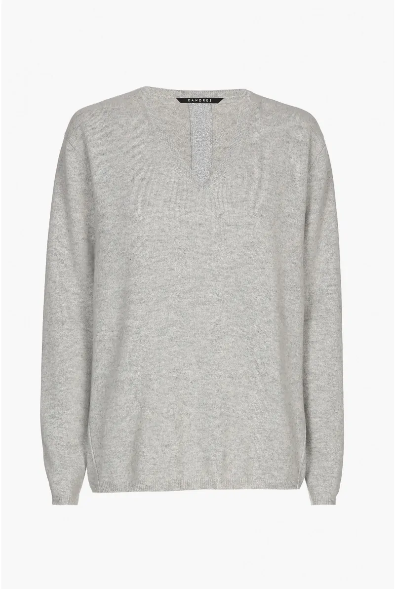 xandres Pull en cachemire gris à col en V ESS049-01-0184