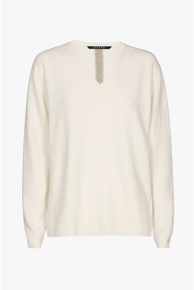 White cashmere jumper with a V-neck