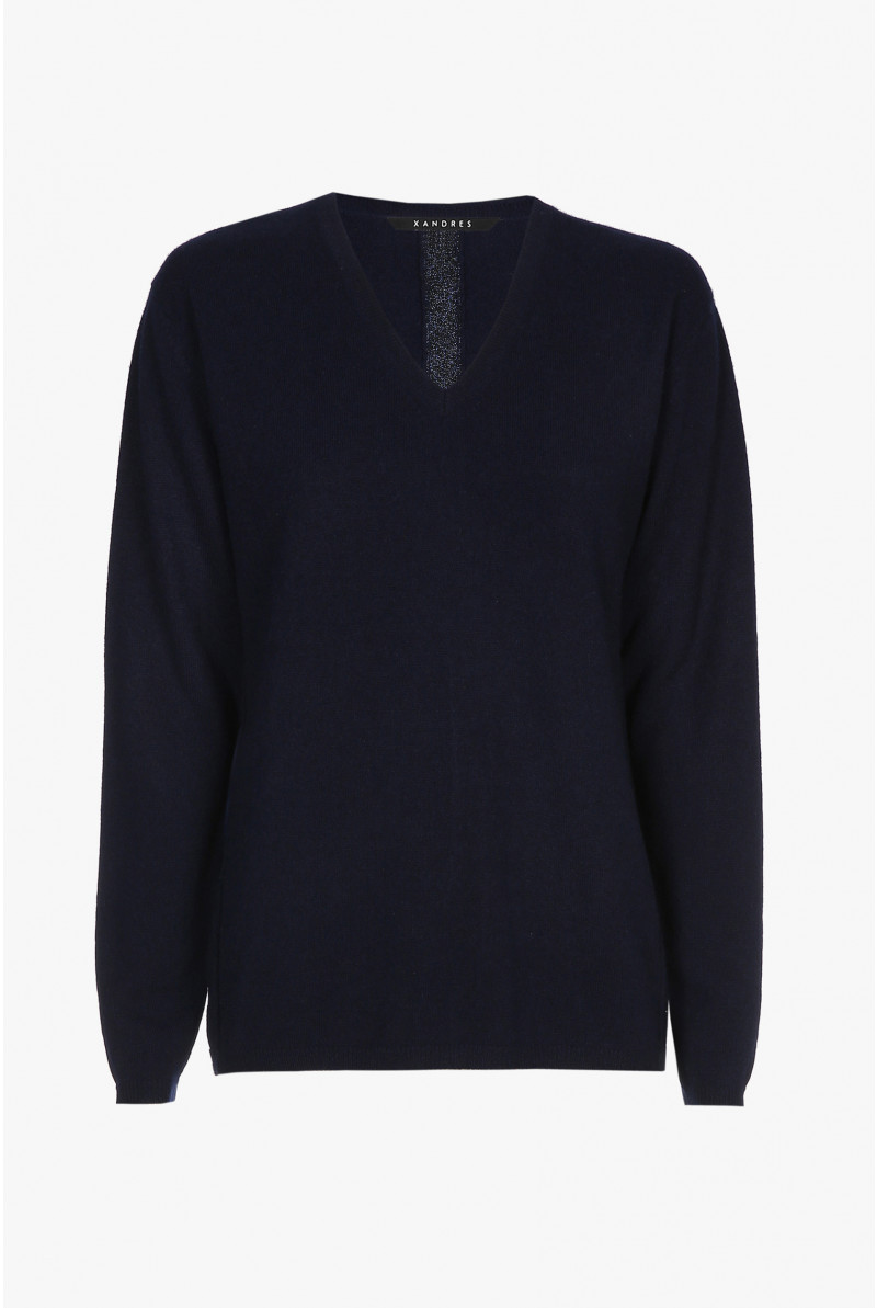 Navy-blue cashmere jumper with a V-neck