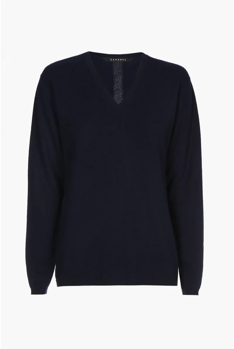 xandres Pull en cachemire bleu marine à col en V ESS049-01-8801