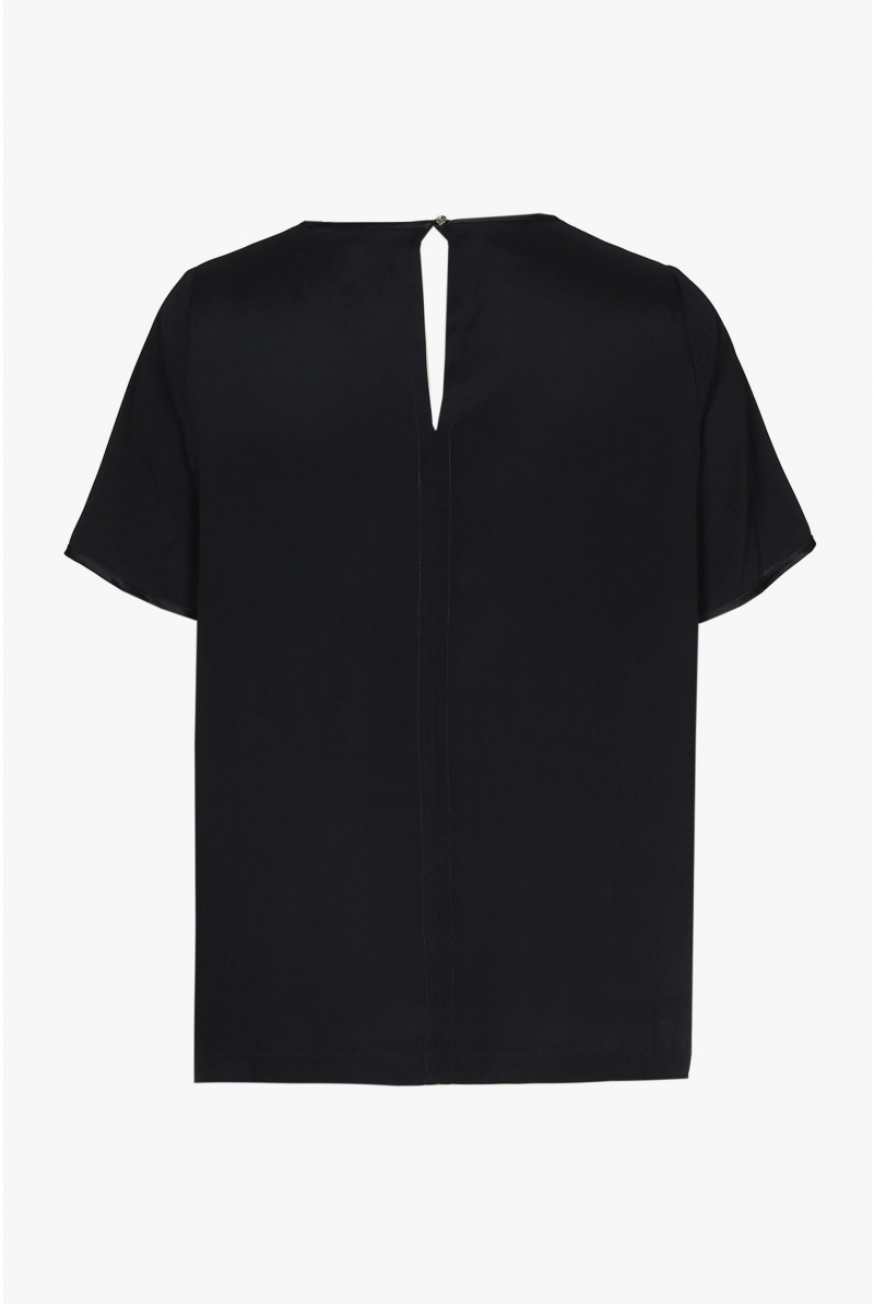 Zwart zijden blouse met V-hals en korte mouwen