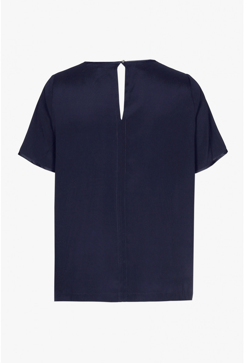 Navyblauw zijden T-shirt met V-hals en korte mouwen