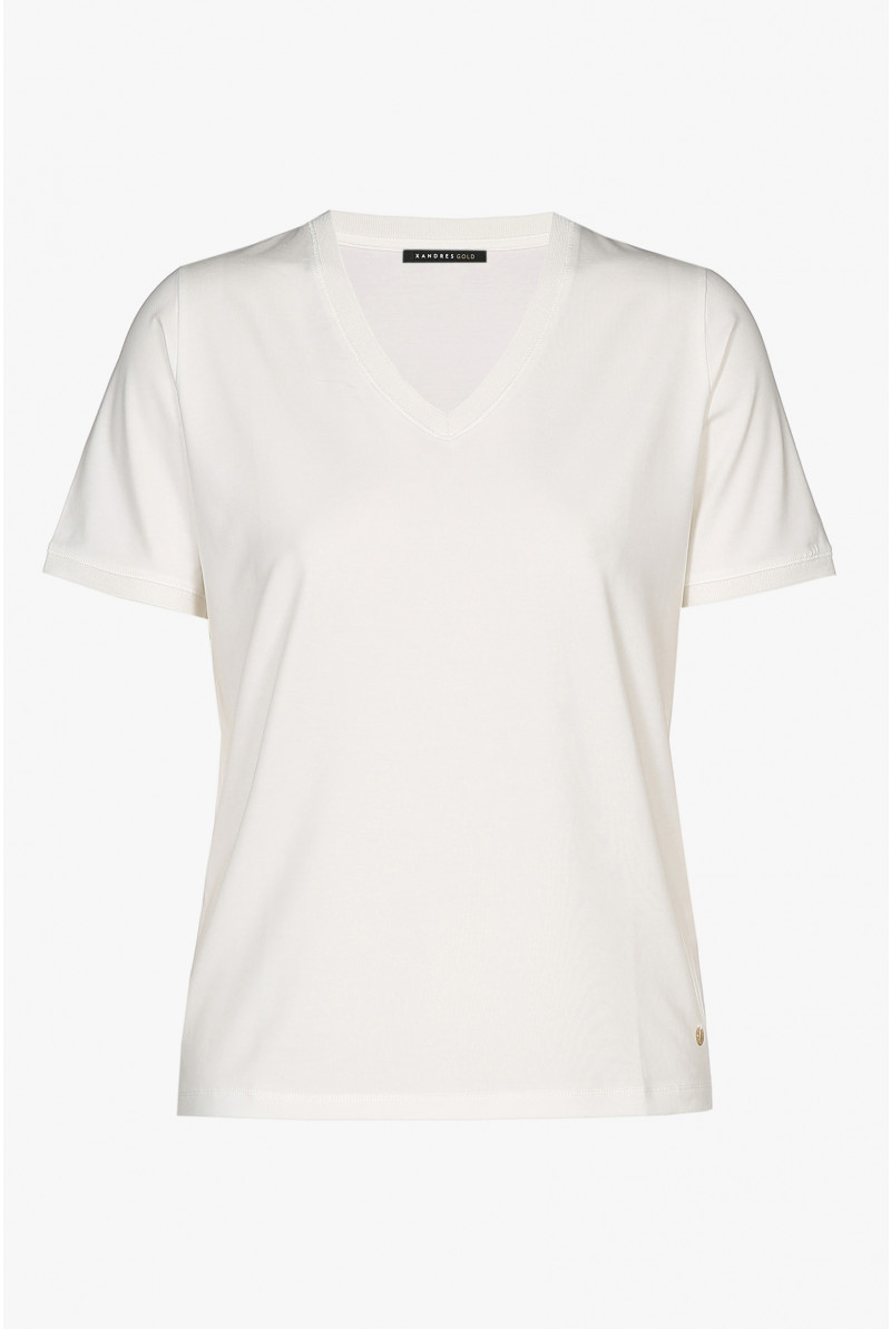 Ecru T-shirt met V-hals en korte mouwen