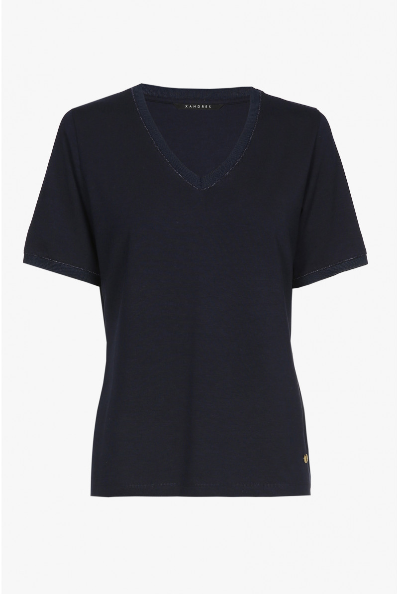 T-shirt bleu marine à manches courtes et col en V.