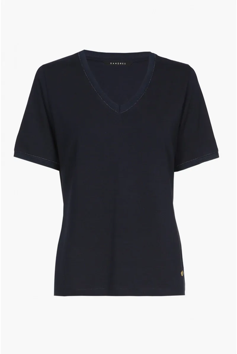 xandres T-shirt bleu marine à manches courtes et col en V. ESS072-01-8800