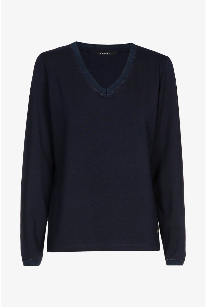 Navyblauw T-shirt met V-hals en lange mouwen