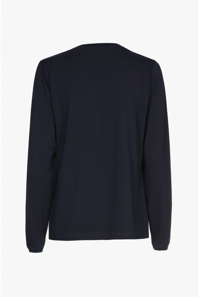 Navy-blue, long-sleeved T-shirt with a V-neck