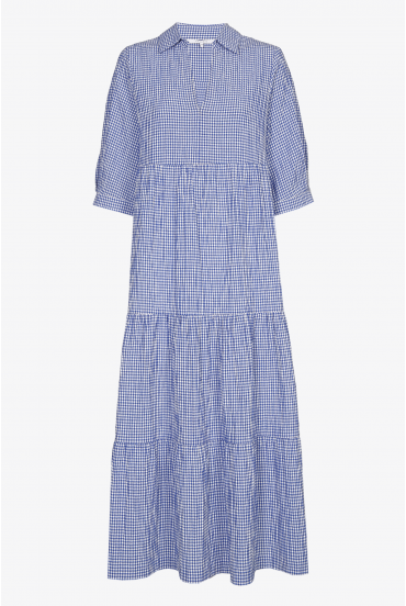 Weiß-blaues langes Kleid mit Vichy-Karos