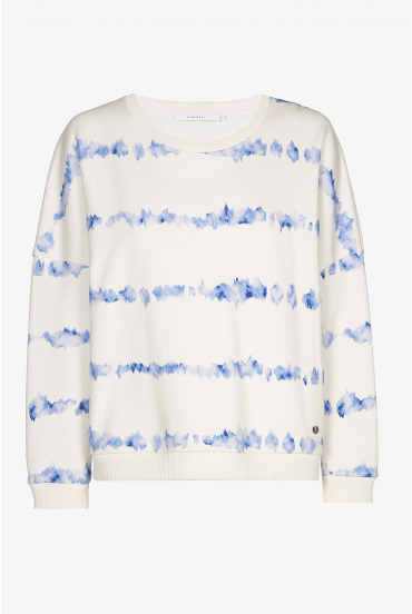 White sweater with blue batik print