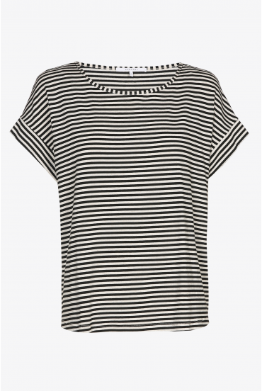T-shirt with black stripes and boat neck