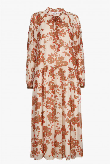 Beige midi dress with brown floral print