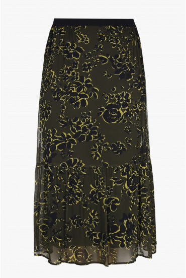Khaki midi skirt with floral print