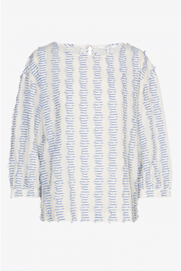 White top with blue stripes and 3/4 sleeves