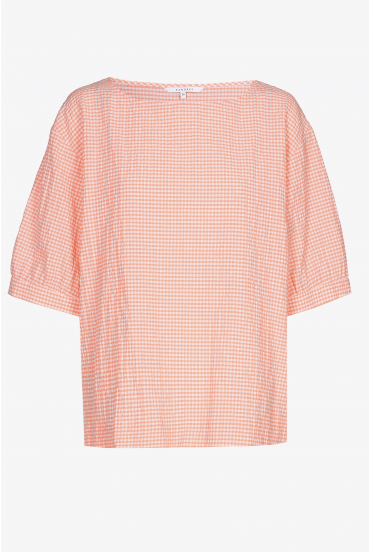 Coral-coloured blouse with Vichy checks and round neck