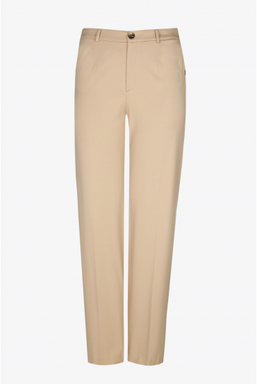 Wide beige trousers with a pressed crease and elastic in the waist