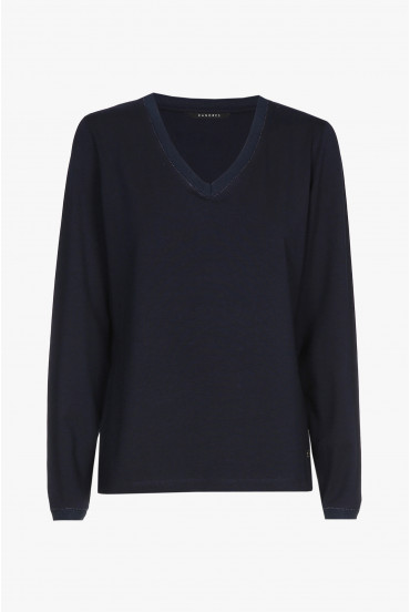 Navy-blue, long-sleeved T-shirt with a V-neck