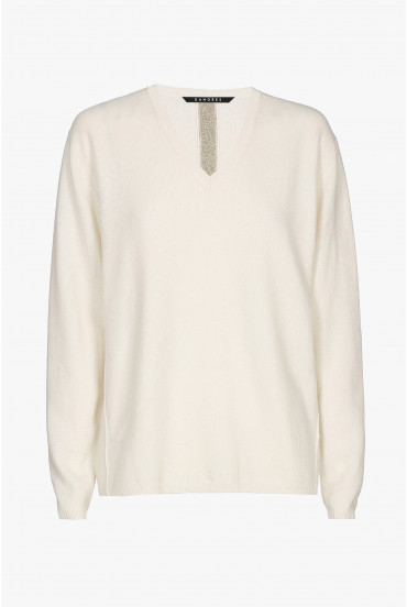 White cashmere jumper with a V-neck