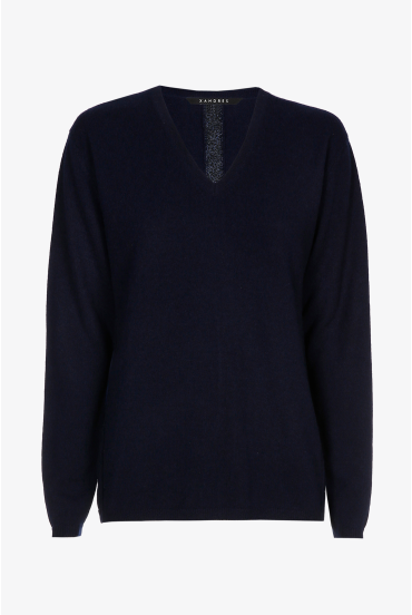 Pull en cachemire bleu marine à col en V