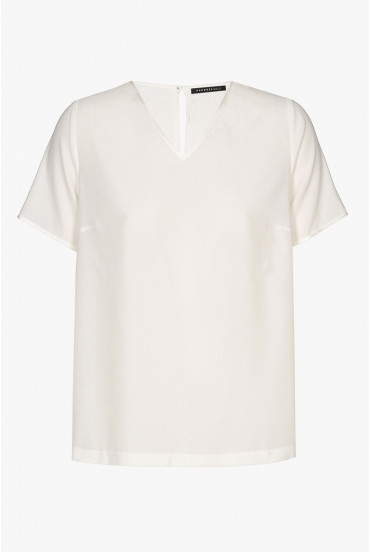 White silk T-shirt with a V-neck and short sleeves
