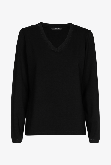 Zwart T-shirt met V-hals en lange mouwen