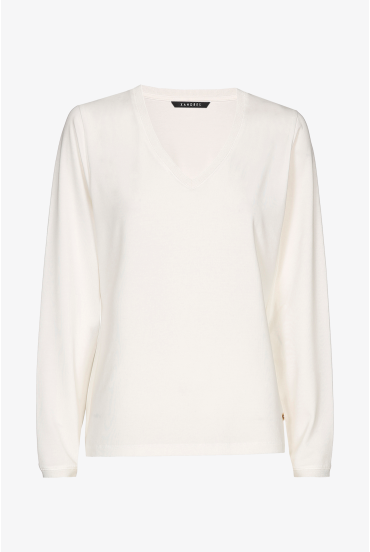 Ecru T-shirt met V-hals en lange mouwen