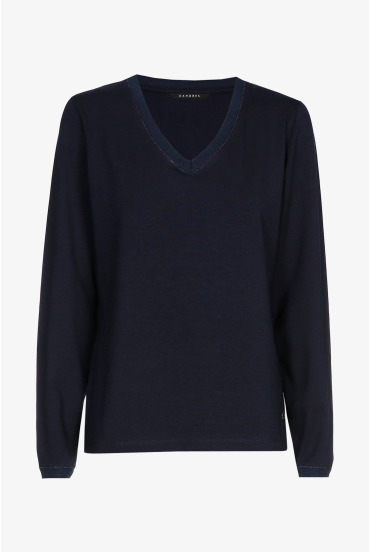 Navyblauw T-shirt met V-hals en lange mouwen