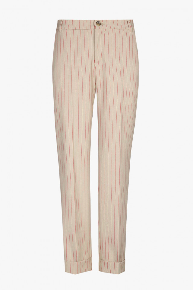 Beige trousers with red stripes