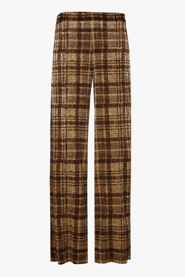 Pantalon large marron avec imprimé à carreaux